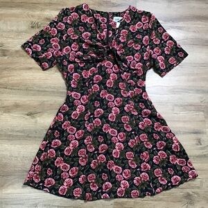 Vtg Y2K Floral Dress Size 12 Mini Rose Tie Front Black Pink Green 1990s